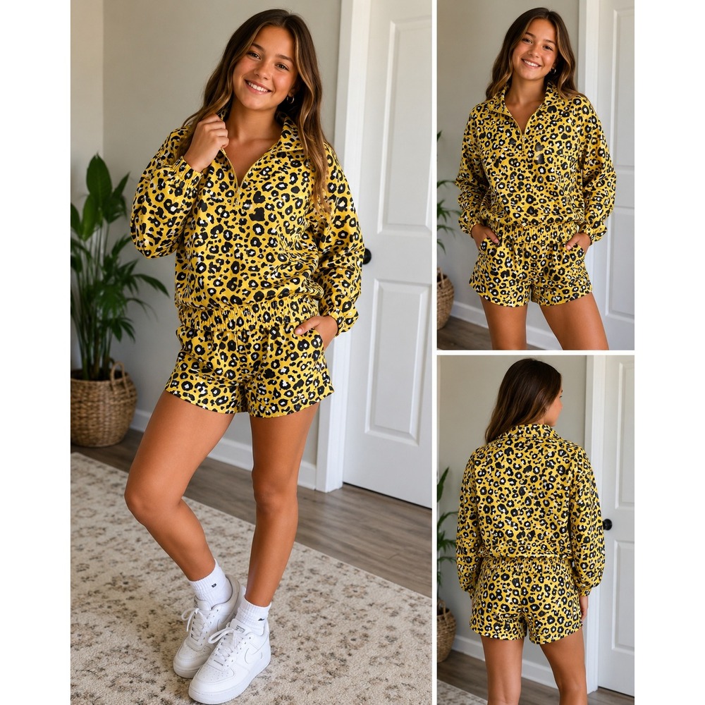 Forever 21 Set Windbreaker Jacket Shorts Yellow Leopard Print Athleisure 13/14